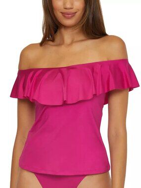 Trina Turk Monaco Ruffled Off the Shoulder Tankini Swim Top Womens 8 Sangria NWT